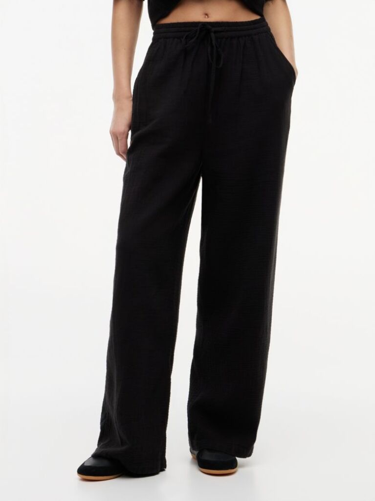 Negru Pantaloni Largi Cu Textura Plisata  Femei