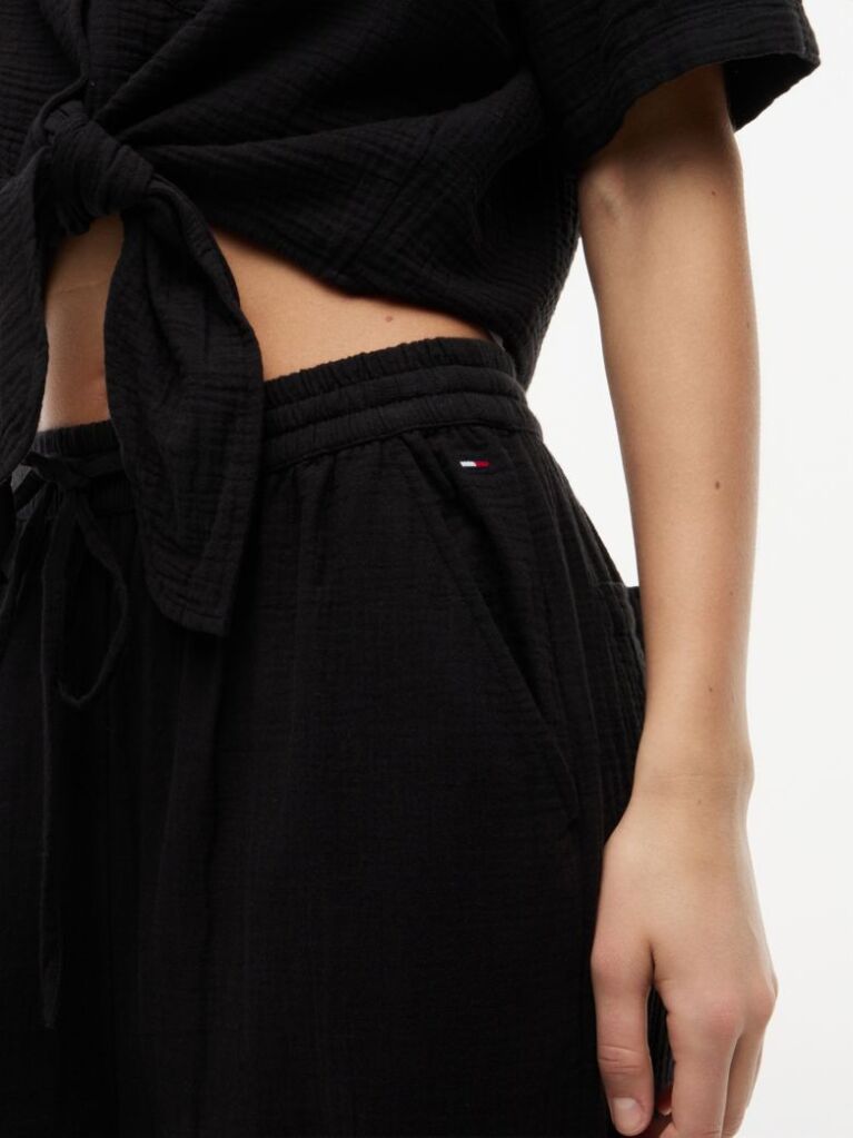 Negru Pantaloni Largi Cu Textura Plisata  Femei