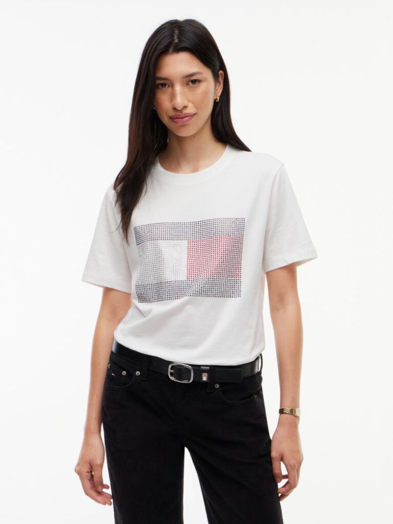White Rhinestone Logo Jersey Relaxed T-Shirt  Women