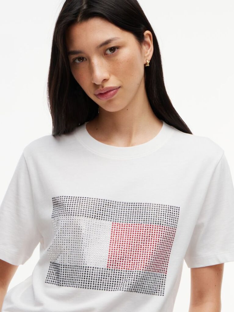White Rhinestone Logo Jersey Relaxed T-Shirt  Women