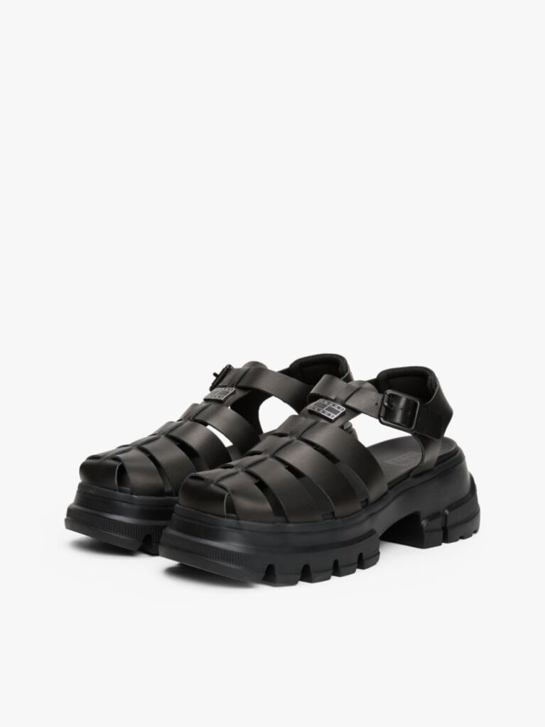 Black Leather Chunky Cleat Fisherman Sandals  Women