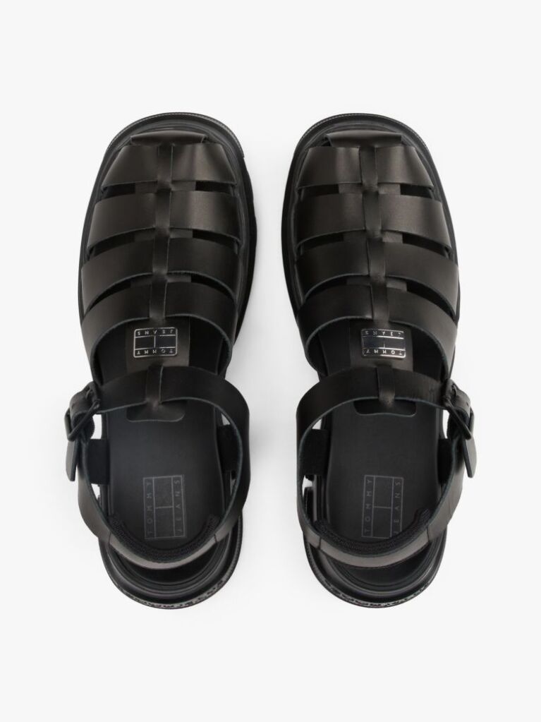 Black Leather Chunky Cleat Fisherman Sandals  Women