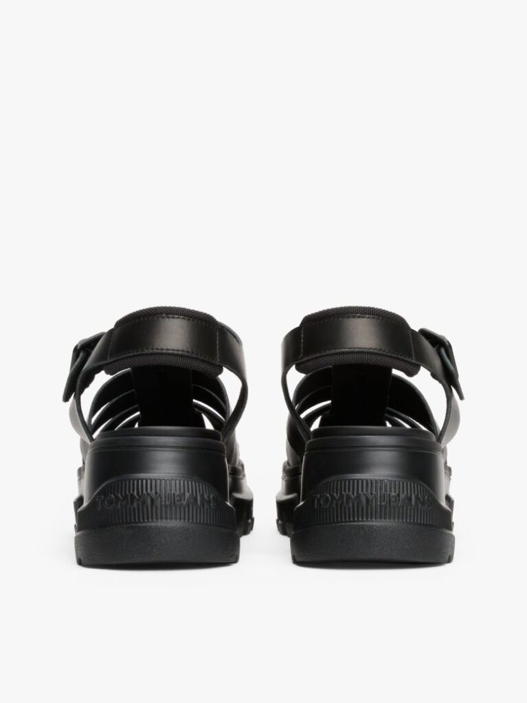 Black Leather Chunky Cleat Fisherman Sandals  Women