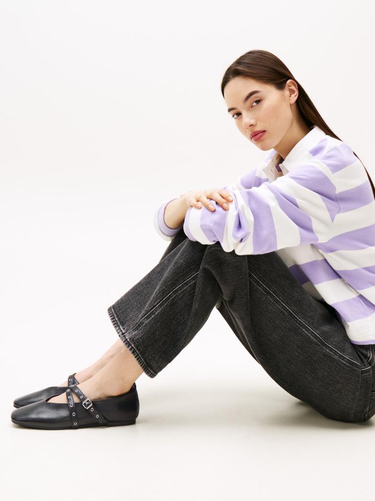 Negru Mary Janes Balerini Din Piele Cu Design Incrucisat  Femei