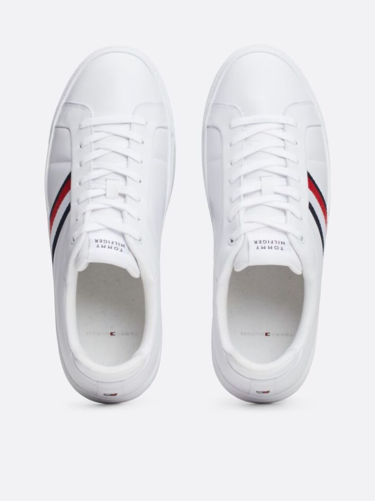 White Leather Signature Tape Court Trainers  Men