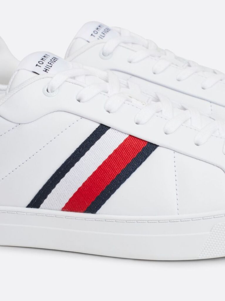 White Leather Signature Tape Court Trainers  Men