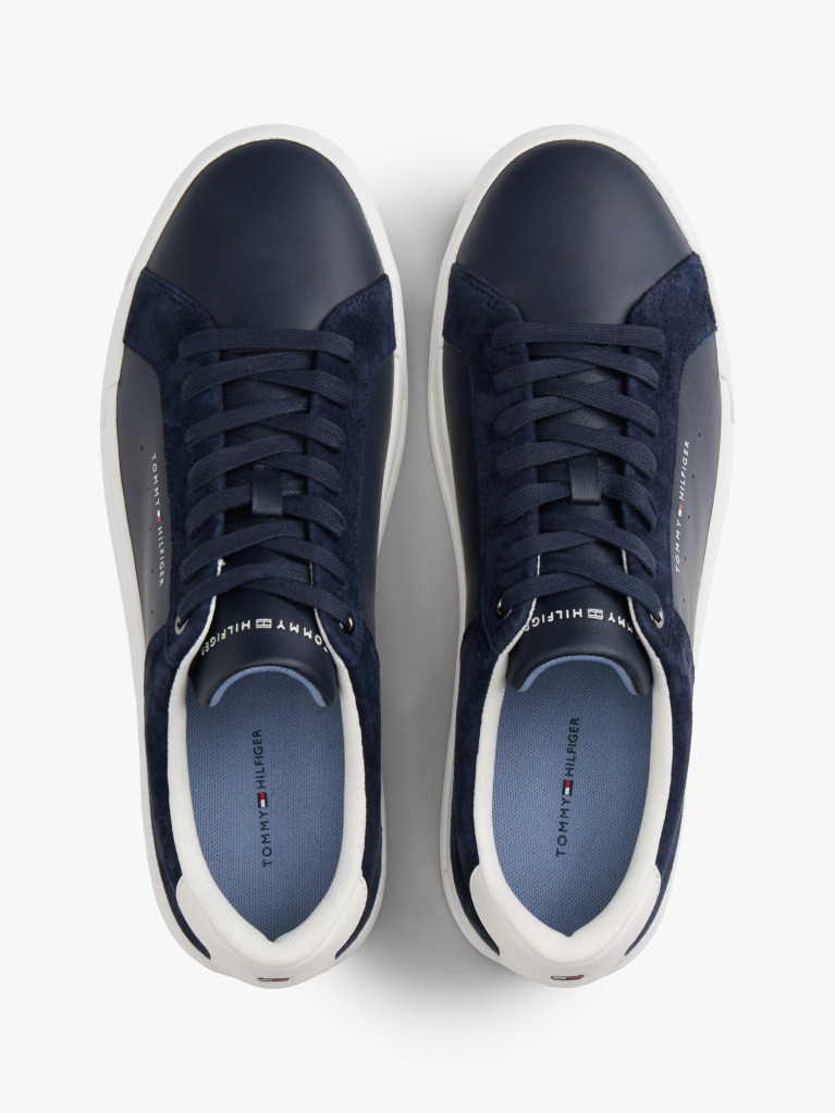 Blue Sneakers Din Piele Cu Texturi Mixte Stil Court  Barbati