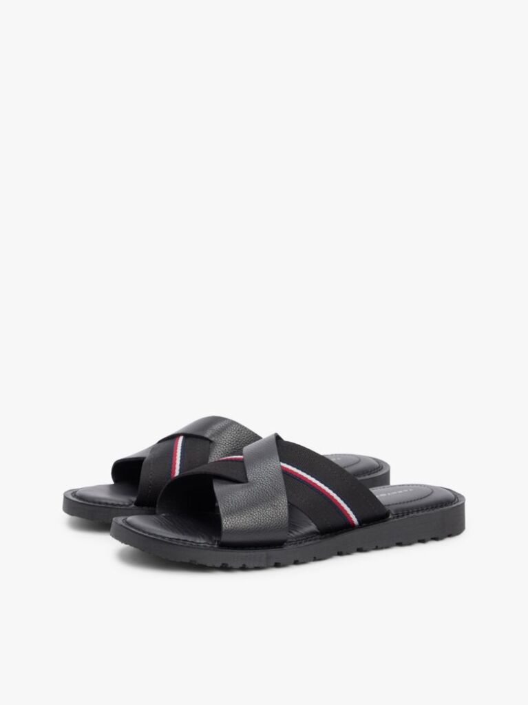 Negru Sandale Din Piele Cu Curea Crossover  Barbati