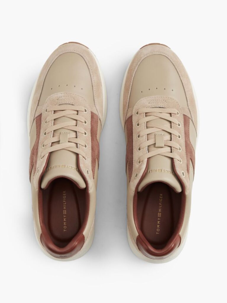 Beige Leather Mixed Texture Trainers  Men