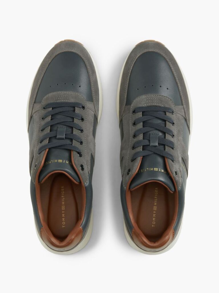 Blue Leather Mixed Texture Trainers  Men