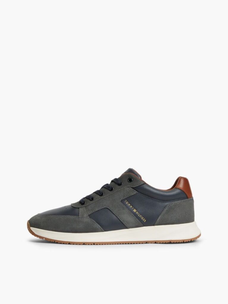 Blue Leather Mixed Texture Trainers  Men