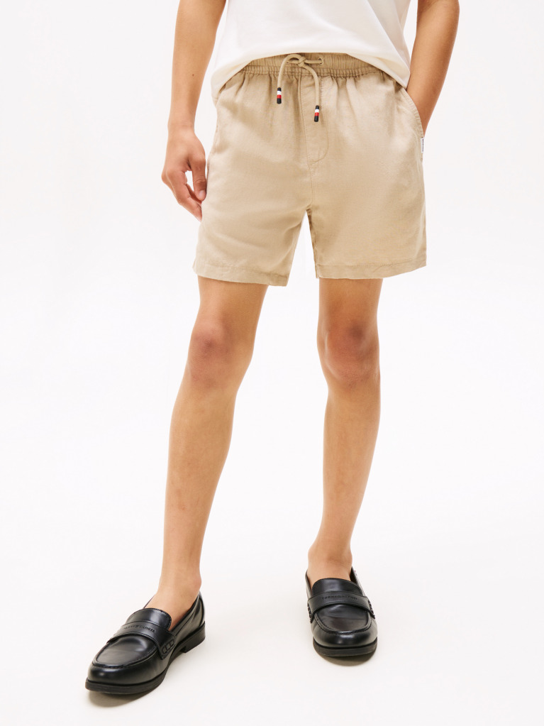 Beige Linen Blend Drawstring Shorts  Boys