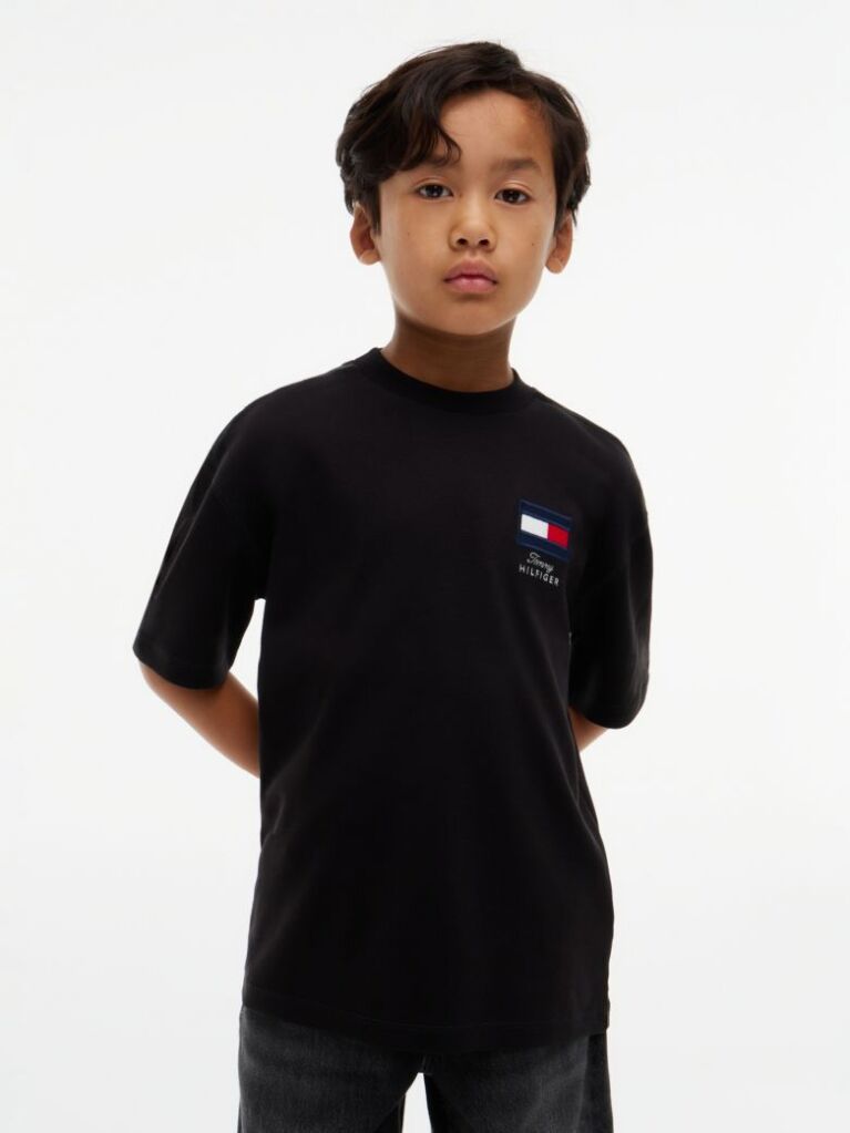 Negru T-Shirt Cu Guler Rotund Si Logo  Baieti