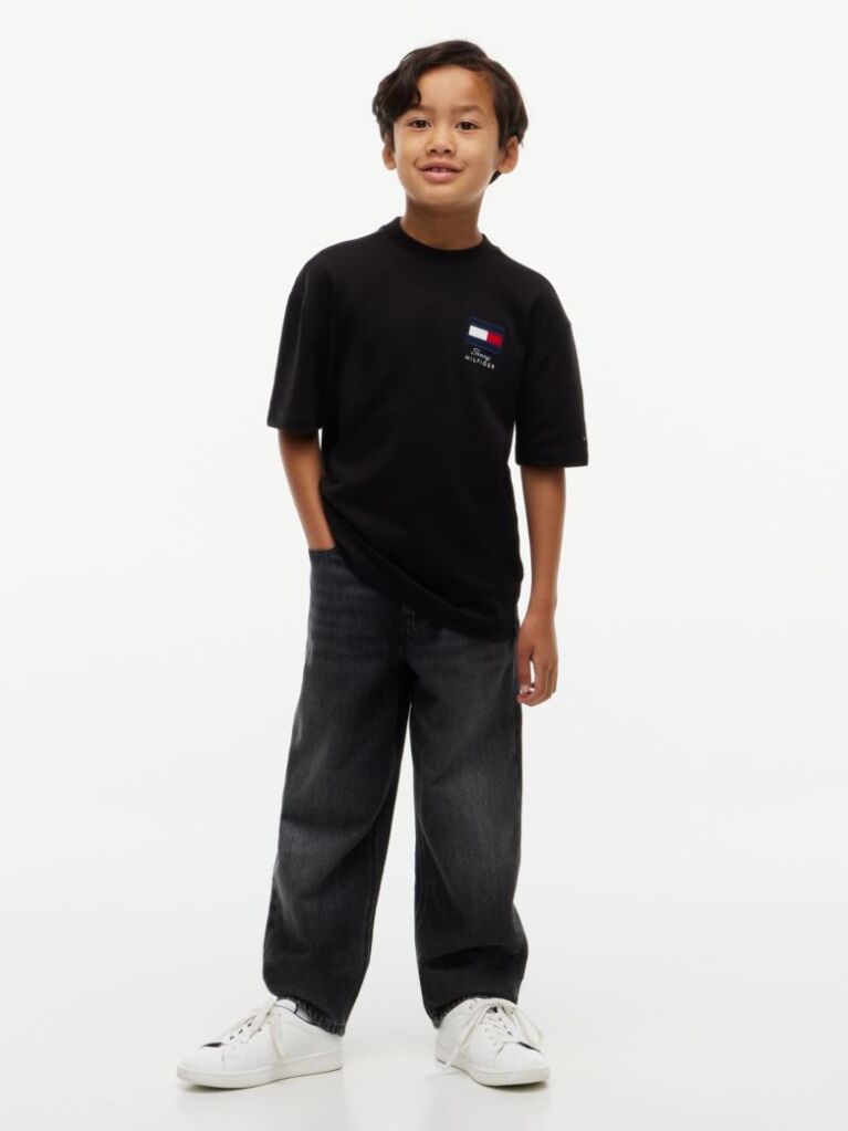 Negru T-Shirt Cu Guler Rotund Si Logo  Baieti