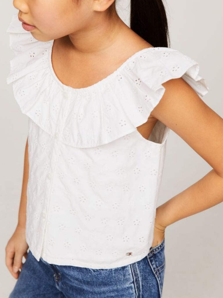 Alb Bluza De Lungime Scurta Cu Emblema Si Broderie Anglaise  Fete