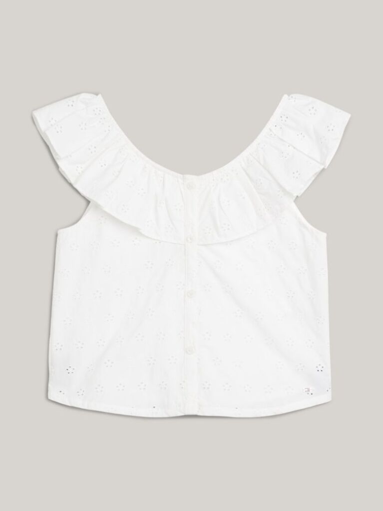 Alb Bluza De Lungime Scurta Cu Emblema Si Broderie Anglaise  Fete