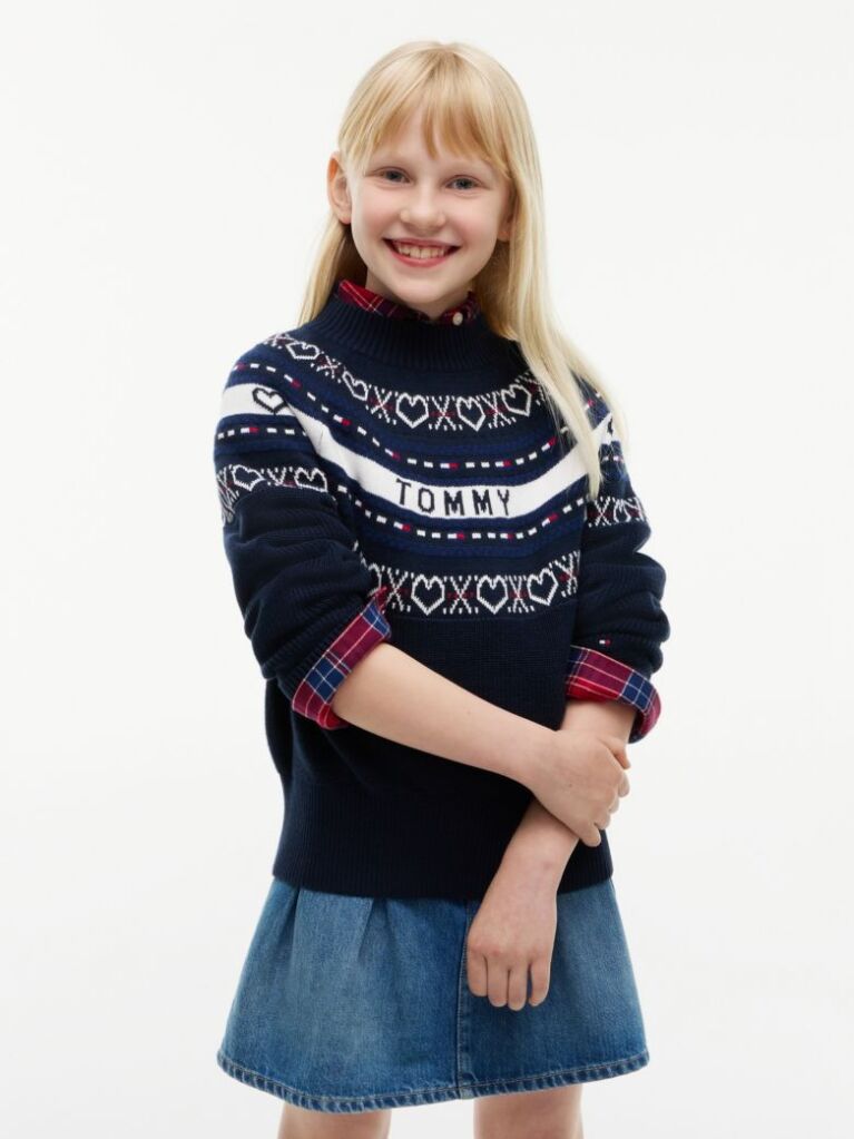 Blue Pulover Intarsia Fair Isle Cu Croiala Lejera  Fete