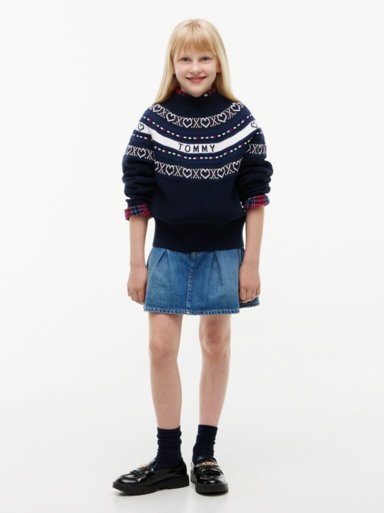Blue Pulover Intarsia Fair Isle Cu Croiala Lejera  Fete