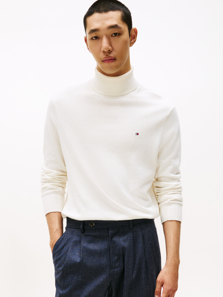 Bej Jumper Din Bumbac Si Casmir Roll Neck  Barbati