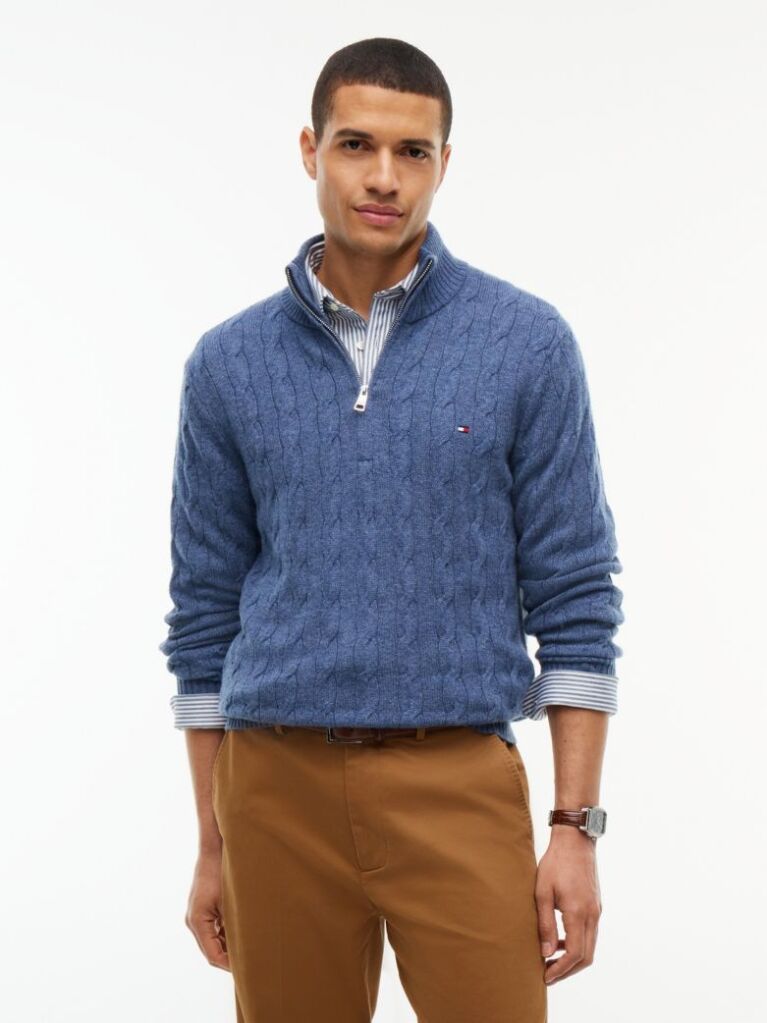 Blue Pure Lambswool Cable Knit Quarter-Zip Jumper  Men