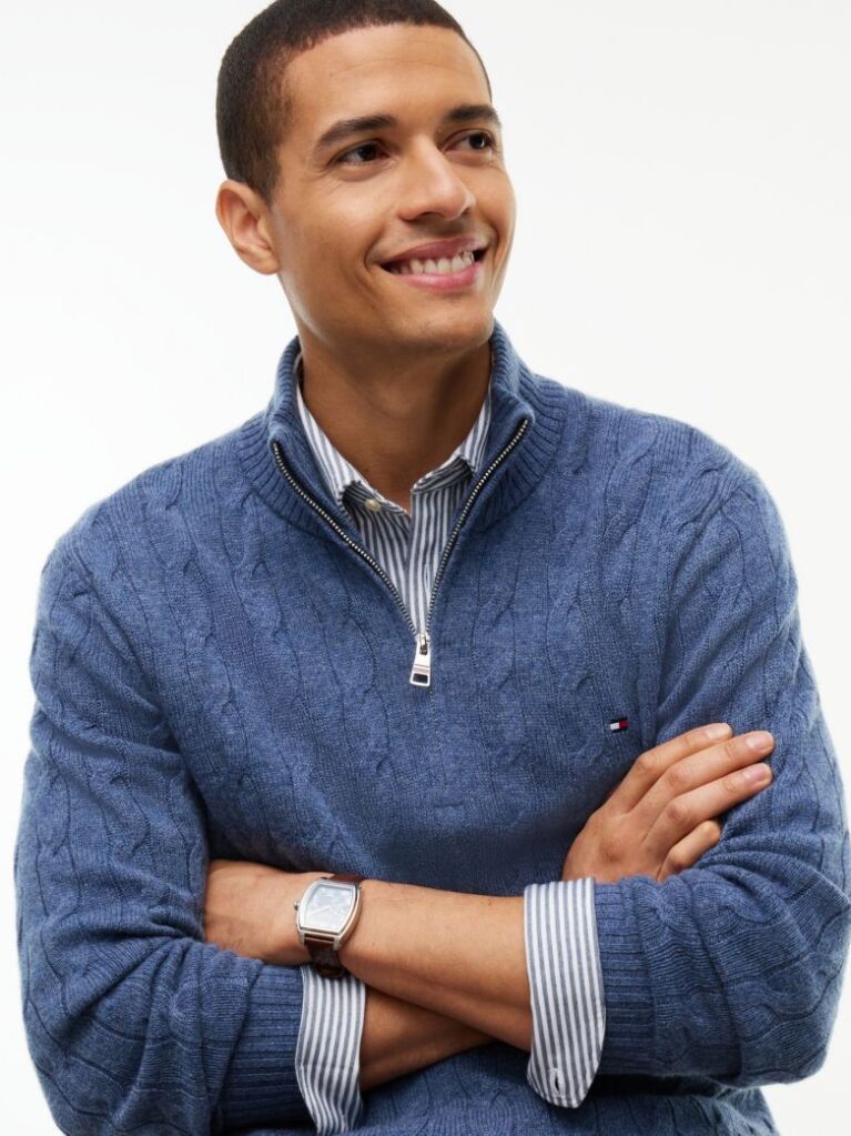 Blue Pure Lambswool Cable Knit Quarter-Zip Jumper  Men