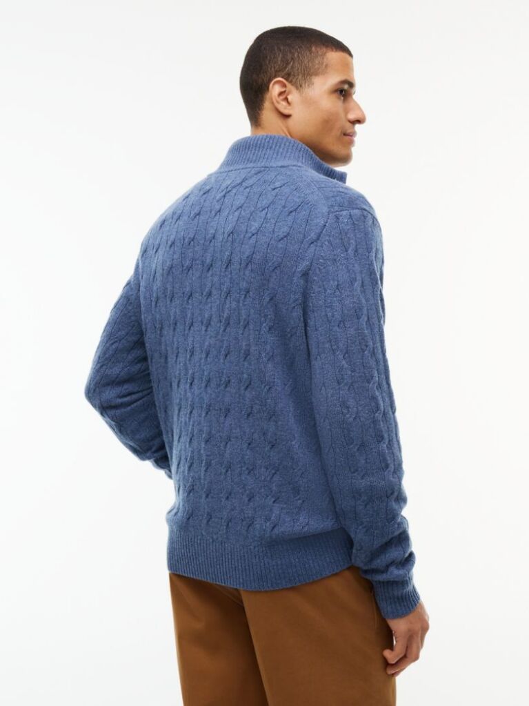 Blue Pure Lambswool Cable Knit Quarter-Zip Jumper  Men