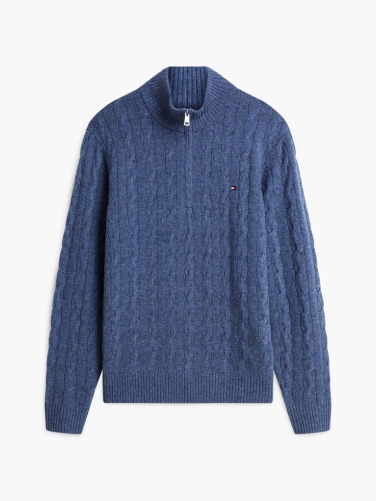 Blue Pure Lambswool Cable Knit Quarter-Zip Jumper  Men