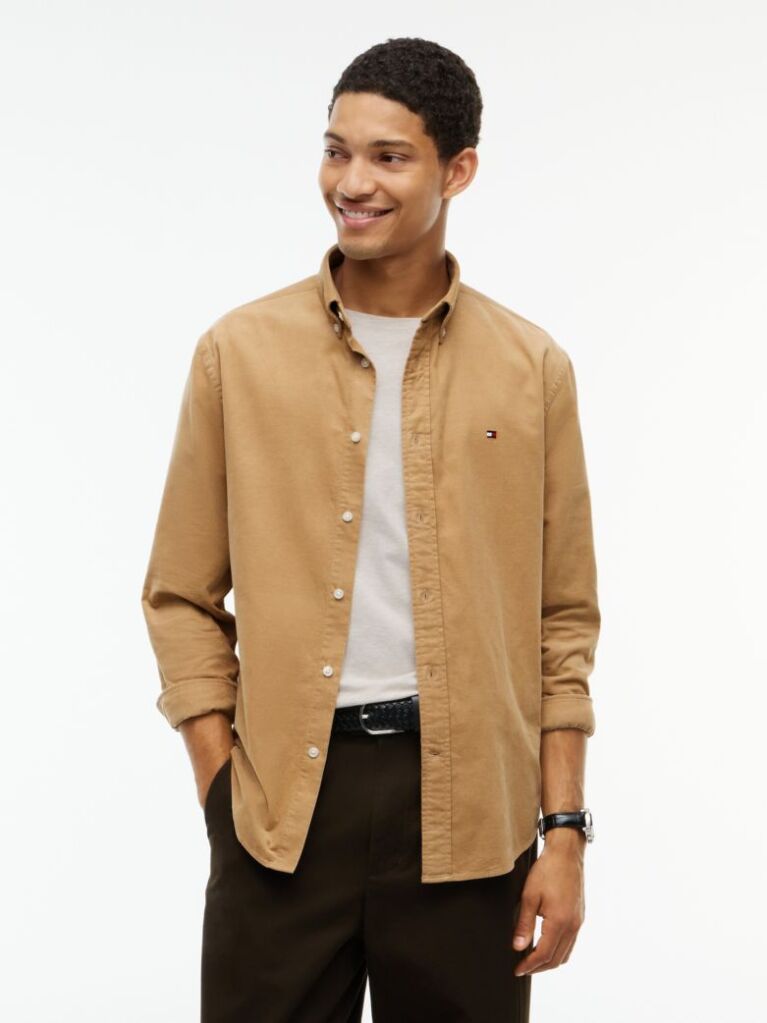 Bej Camasa Regular Corduroy Cu Broderie Flag  Barbati