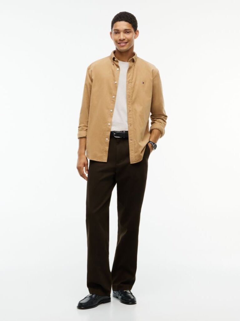 Bej Camasa Regular Corduroy Cu Broderie Flag  Barbati