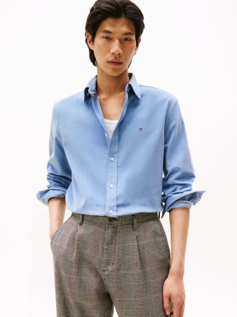 Blue Regular Fit Flag Embroidery Corduroy Shirt  Men