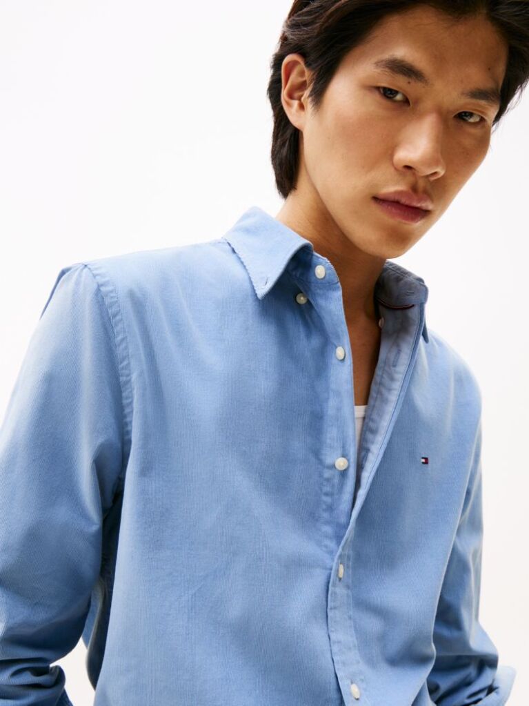 Blue Regular Fit Flag Embroidery Corduroy Shirt  Men
