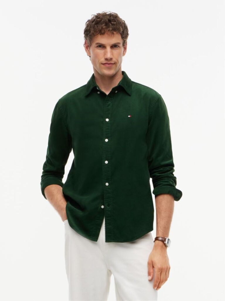Verde Camasa Regular Corduroy Cu Broderie Flag  Barbati