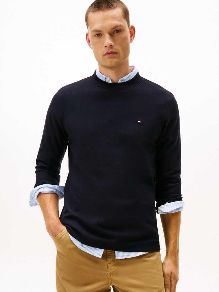 Blue Mercerized Jacquard Tricou Cu Maneca Lunga  Barbati