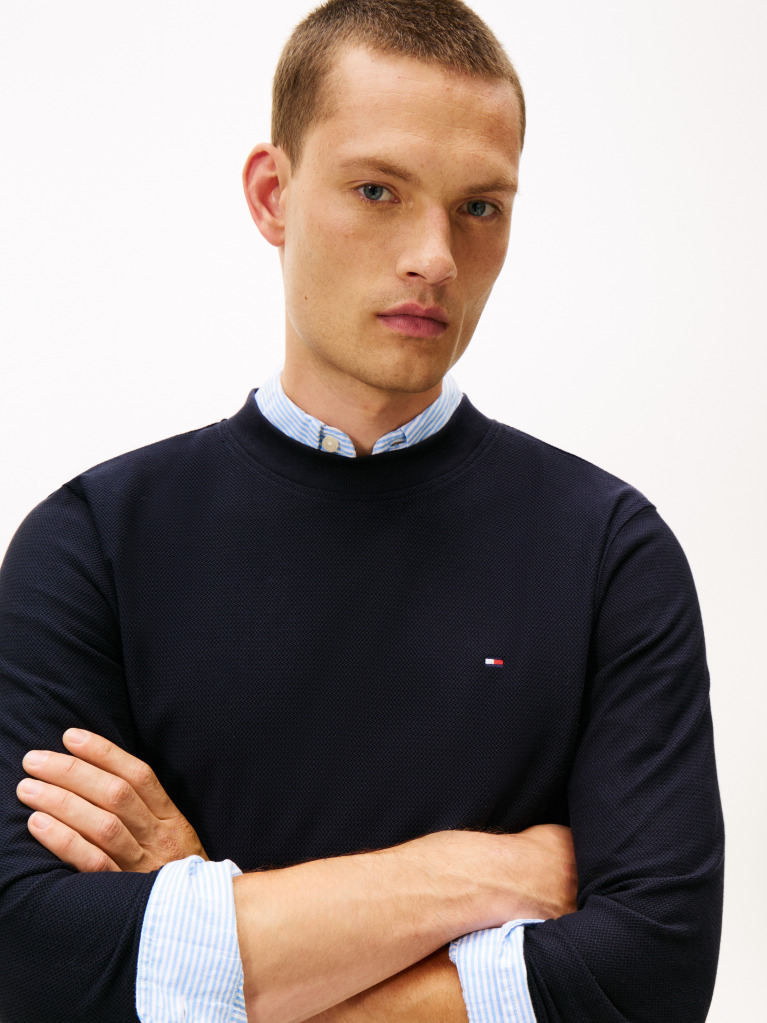 Blue Mercerized Jacquard Tricou Cu Maneca Lunga  Barbati