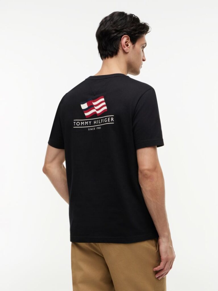 Negru Tricou Din Jersey Cu Imprimeu Grafic Pe Spate Cu Steag Ondulat  Barbati