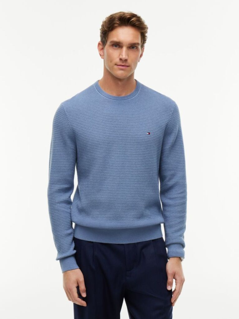 Blue Textured Crew Neck Jumper With Cashmere  Men