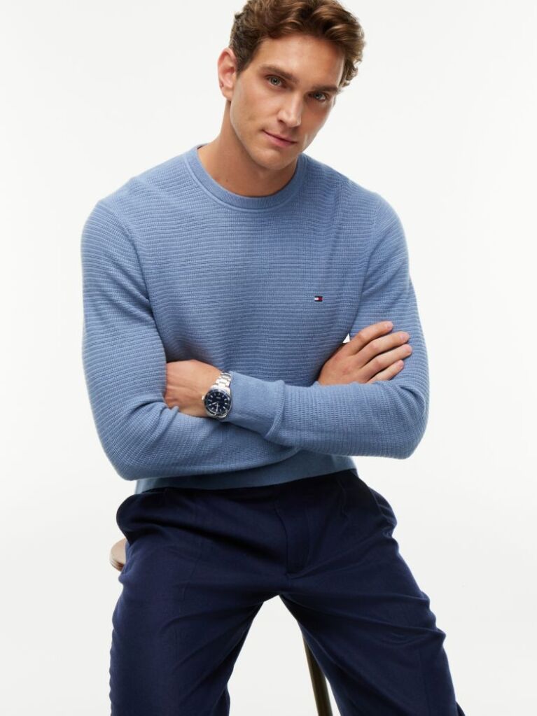 Blue Textured Crew Neck Jumper With Cashmere  Men
