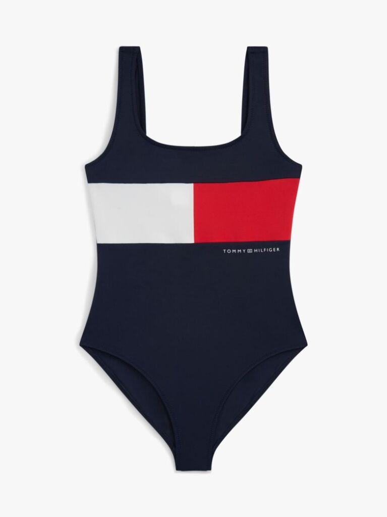 Blue Costum De Baie Clasic Cu Gat Patrat Si Blocuri De Culoare  Fete