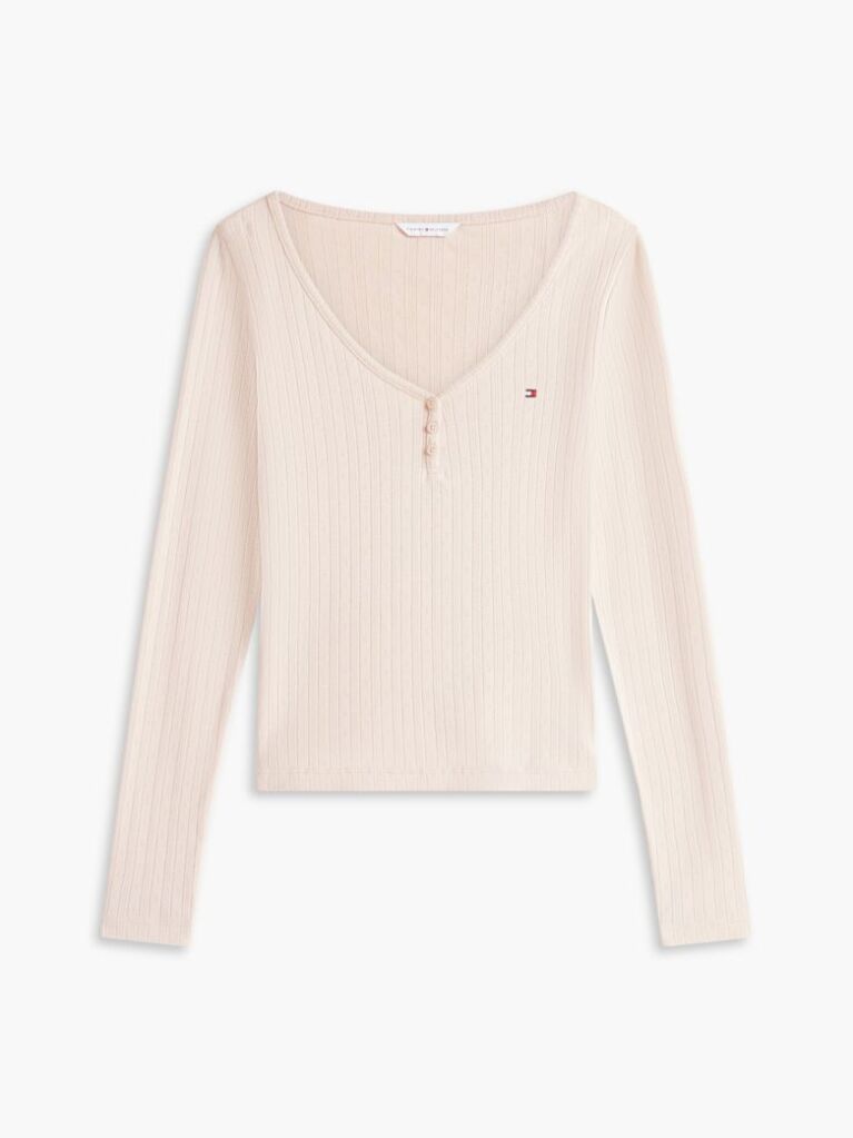 Bej Set De Pijamale Essential Pointelle Henley Cu Croiala Lejera  Femei