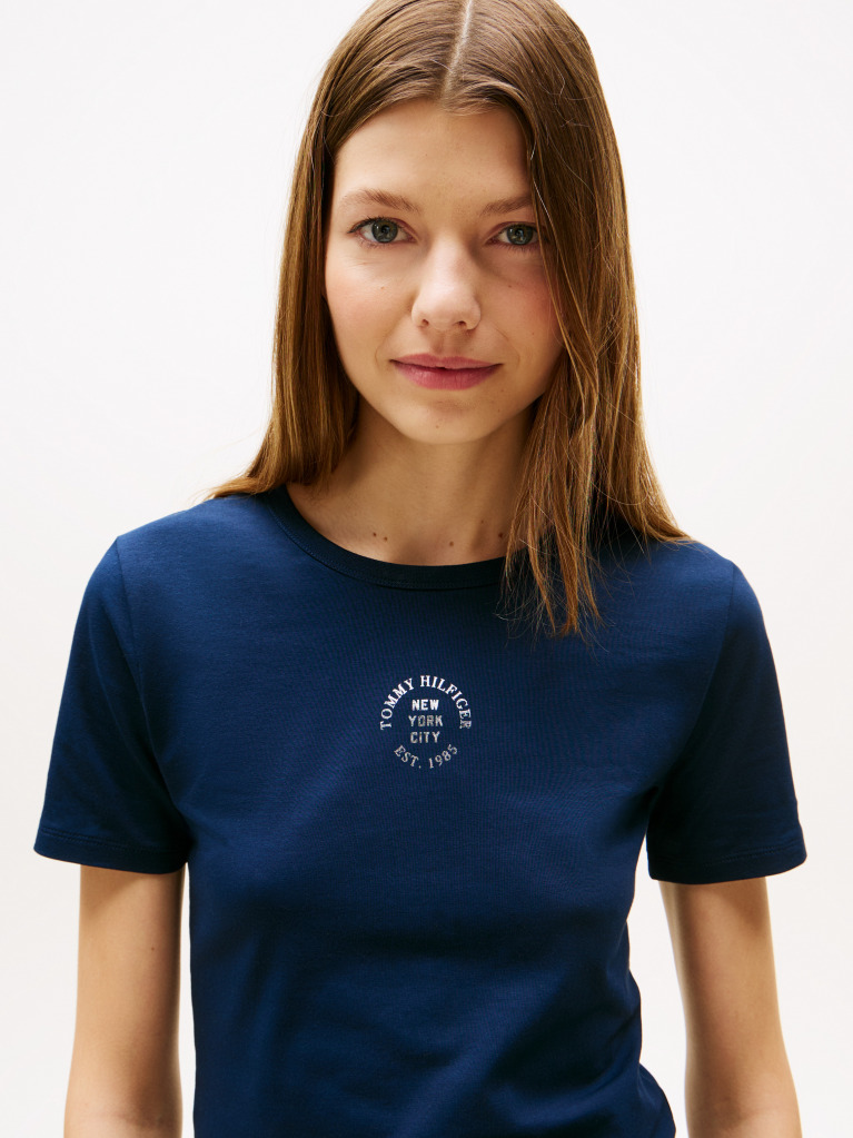 Blue Tricou Slim Cu Guler Rotund Si Maneca Scurta Cu Logo Stampilat  Femei