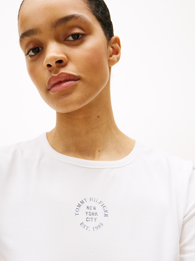 Alb Tricou Slim Cu Guler Rotund Si Maneca Scurta Cu Logo Stampilat  Femei