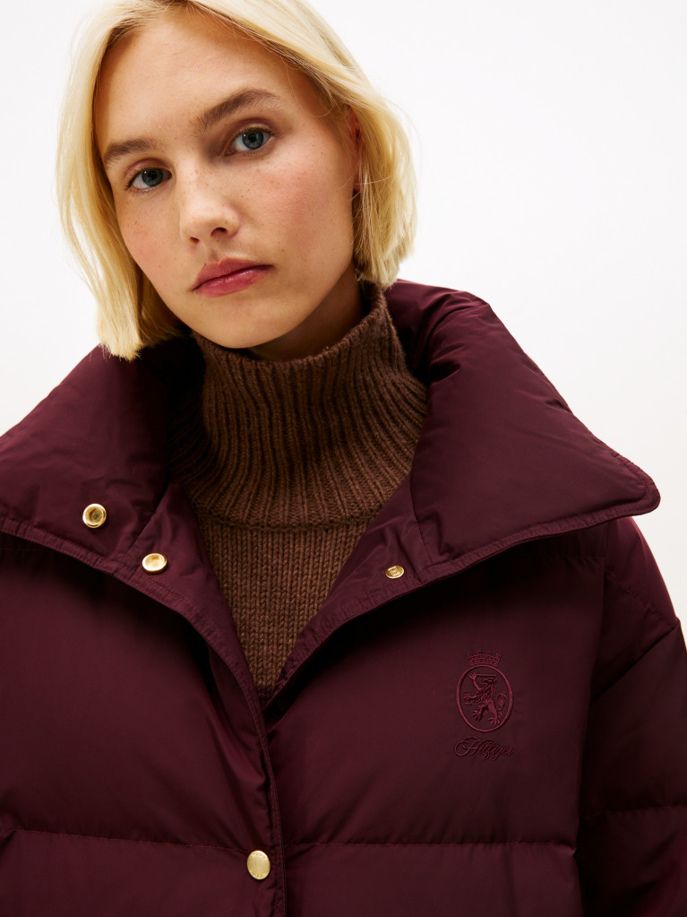 Rosu Palton Puffer Cu Umplutura De Pene Si Broderie Crest  Femei