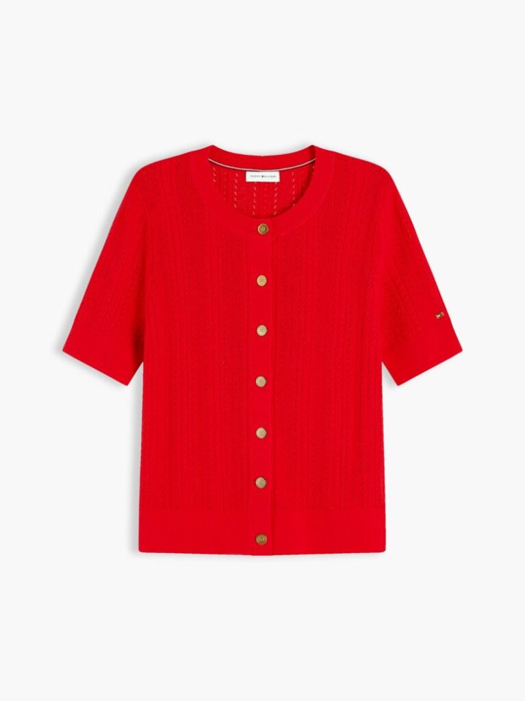 Rosu Cardigan Cu Maneci Scurte Si Nasturi Aurii Cu Model Pointelle  Femei