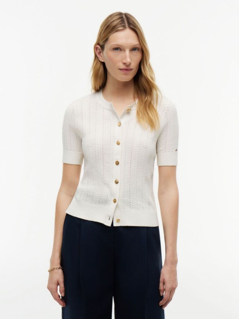 Bej Cardigan Cu Maneci Scurte Si Nasturi Aurii Cu Model Pointelle  Femei