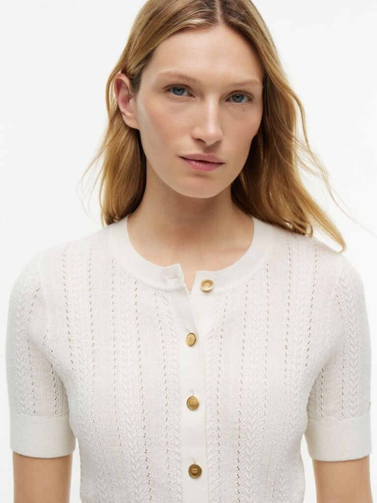 Bej Cardigan Cu Maneci Scurte Si Nasturi Aurii Cu Model Pointelle  Femei
