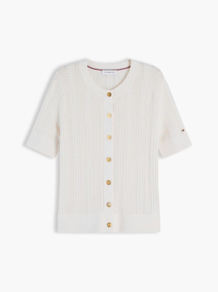 Bej Cardigan Cu Maneci Scurte Si Nasturi Aurii Cu Model Pointelle  Femei