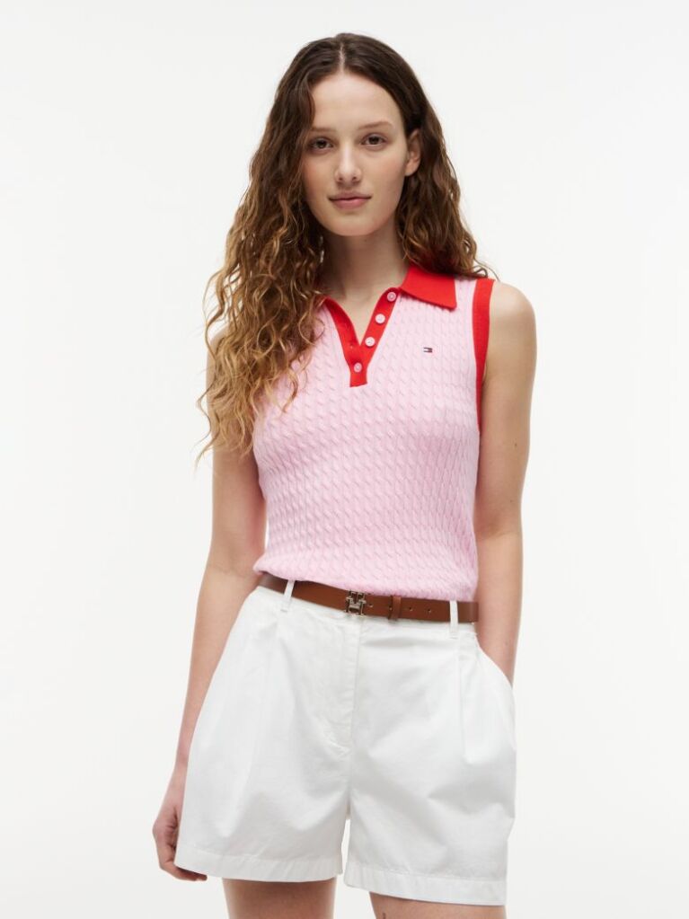 Roz Pulover Polo Fara Maneci Cu Croiala Slim Tricotat Cable  Femei