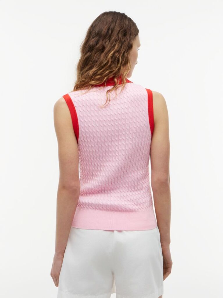 Roz Pulover Polo Fara Maneci Cu Croiala Slim Tricotat Cable  Femei