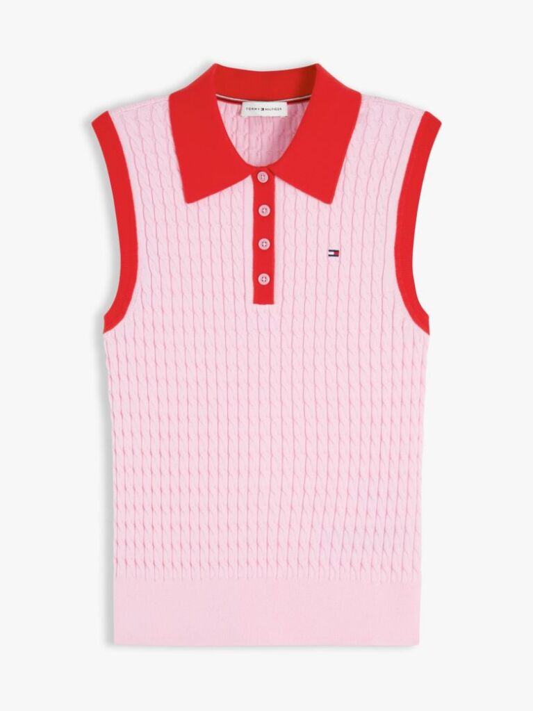 Roz Pulover Polo Fara Maneci Cu Croiala Slim Tricotat Cable  Femei