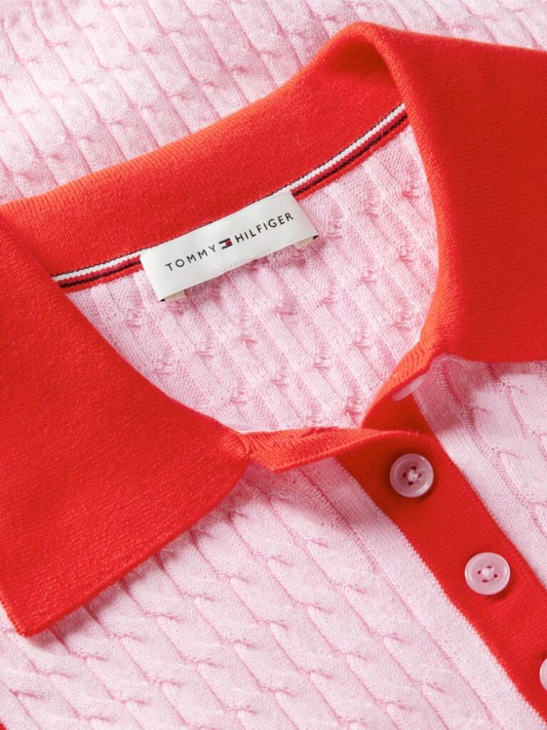 Roz Pulover Polo Fara Maneci Cu Croiala Slim Tricotat Cable  Femei